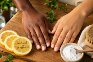 Des mains propres après un traitement naturel, posant sur une table en bois avec du citron et du bicarbonate à proximité.