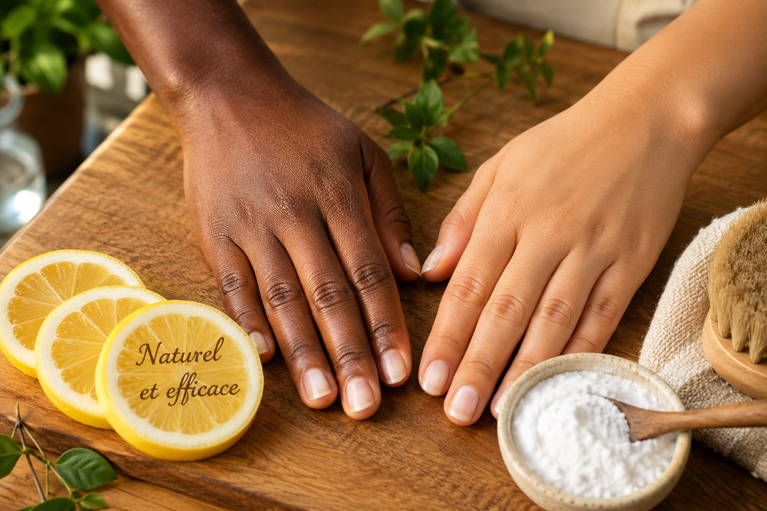 Des mains propres après un traitement naturel, posant sur une table en bois avec du citron et du bicarbonate à proximité.