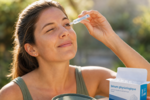 Personne souriante se rinçant l'œil avec du sérum physiologique, en plein air, à la lumière du matin.