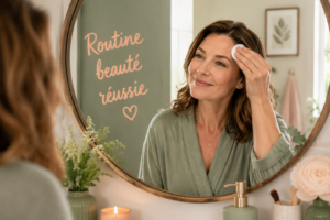 Une personne souriante essuyant délicatement une tache de teinture sur son front avec un coton devant un miroir