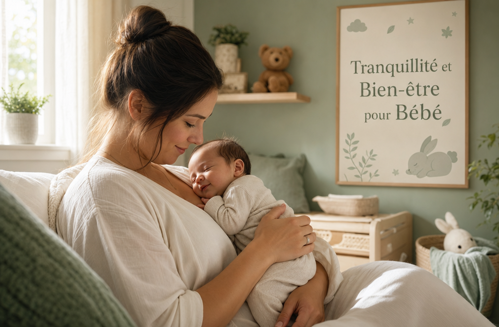 Un parent berce un nourrisson dans ses bras, tous deux calmes et détendus dans une pièce baignée par une lumière douce du matin.