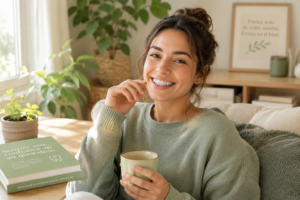 Personne souriante utilisant une gouttière transparente discrète, montrant confiance et bien-être.