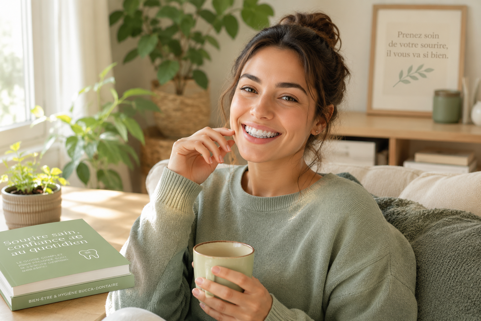 Personne souriante utilisant une gouttière transparente discrète, montrant confiance et bien-être.