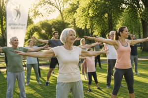 Personnes de différents âges pratiquant la gymnastique suédoise dans un parc ensoleillé, manifestant joie et vitalité.