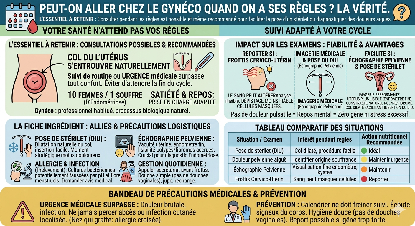 Infographie récapitulative expliquant qu'aller chez le gynécologue pendant ses règles est possible. Le visuel détaille quels examens maintenir (échographie pelvienne, pose de stérilet/DIU) et lesquels reporter (frottis cervico-utérin). Il met en avant les avantages médicaux d'une consultation durant les menstruations (col dilaté facilitant l'insertion, visualisation fine de l'endomètre pour le diagnostic de l'endométriose). Un bandeau de rappel insiste sur le fait que l'urgence médicale prime toujours sur le cycle menstruel et propose des conseils de confort logistique.