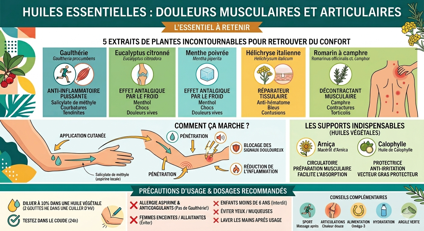Infographie complète expliquant comment soulager les douleurs musculaires et articulaires avec 5 huiles essentielles (Gaulthérie, Eucalyptus citronné, Menthe poivrée, Hélichryse, Romarin à camphre). Le visuel détaille le mécanisme d'action biochimique sur le bras, les huiles végétales de support (Arnica, Calophylle), les règles de dilution à 10% et les précautions d'usage importantes.