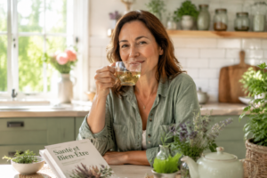 Vue d'une personne souriante, buvant une tisane, illustrant le soin des gencives
