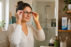 Une personne heureuse et active, évitant l'utilisation de lentilles de contact sous la douche.