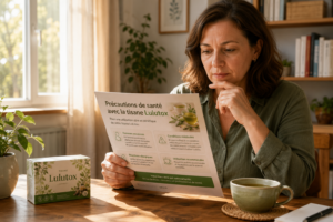 Personne, assise à une table, en train de lire attentivement un article avec une tasse de thé à proximité, à travers une fenêtre ensoleillée, illustrant la recherche d'informations avant consommation.