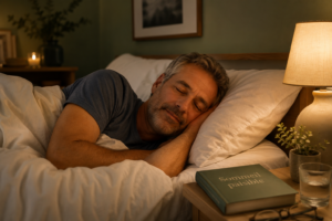 Une personne se relaxe dans un lit confortable, chambre sombre et apaisante, lumière douce.