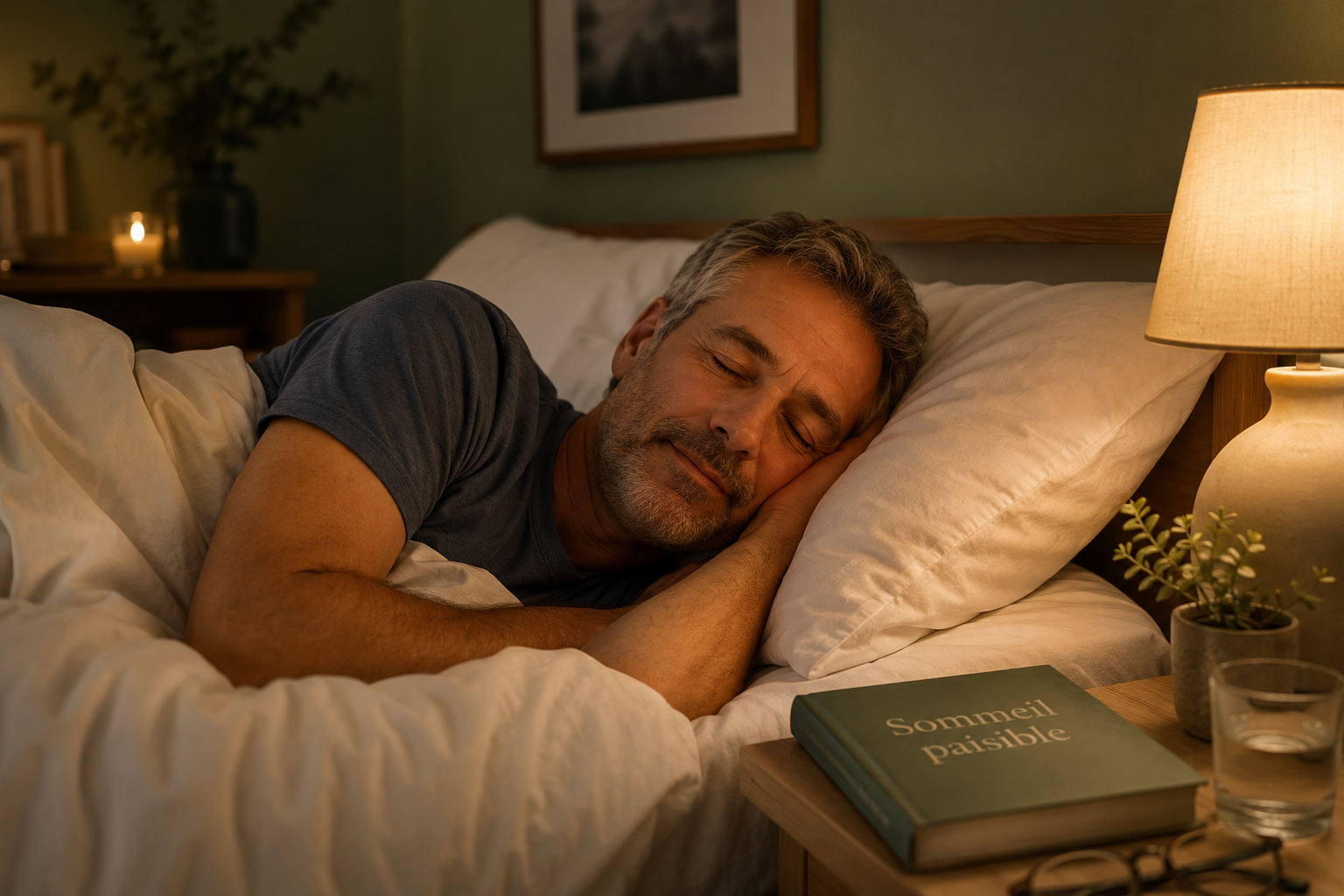 Une personne se relaxe dans un lit confortable, chambre sombre et apaisante, lumière douce.