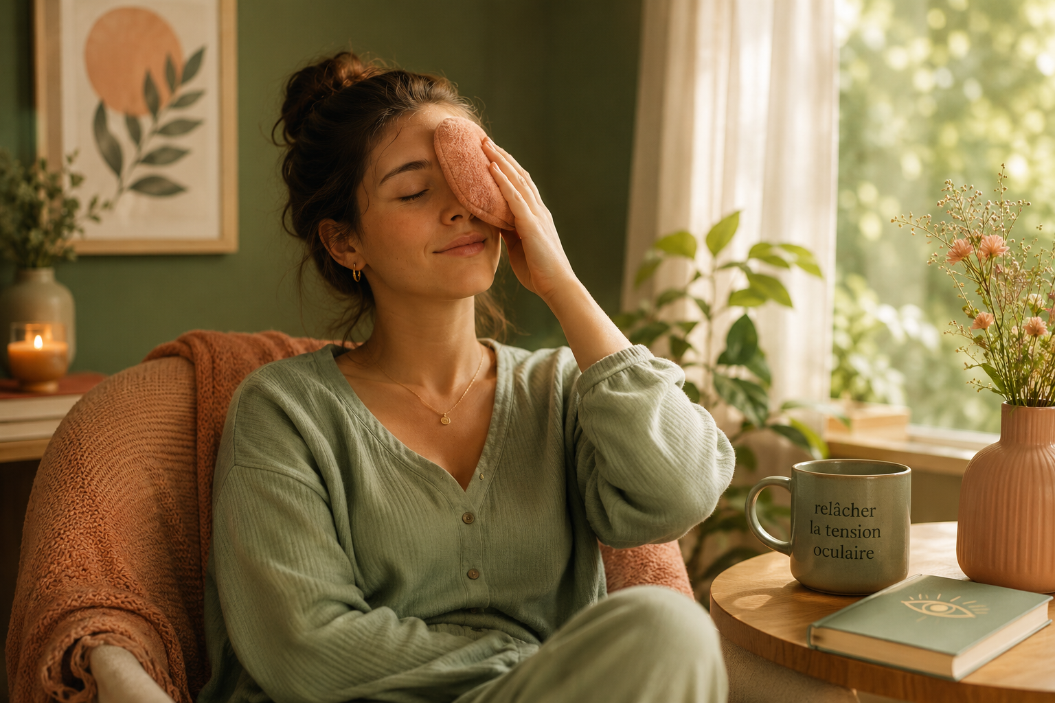 Un homme ou une femme dans la trentaine, détendu(e), appliquant doucement une compresse chaude sur son œil, avec une expression de soulagement.