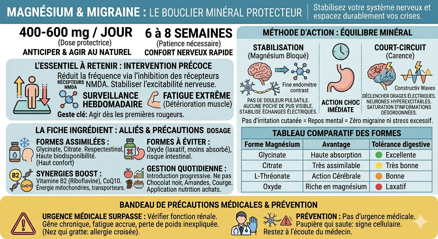 Infographie sur le magnésium comme traitement de fond naturel contre la migraine. Le visuel explique le mécanisme d'action (inhibition des récepteurs NMDA), le dosage recommandé (400-600mg) et les formes privilégiées (glycinate, citrate). Un tableau compare les avantages et inconvénients des différentes formes de magnésium (glycinate, citrate, oxyde). Un bandeau final rappelle les précautions médicales : le magnésium est préventif, nécessite une vérification de la fonction rénale et ne remplace pas le diagnostic d'un neurologue.