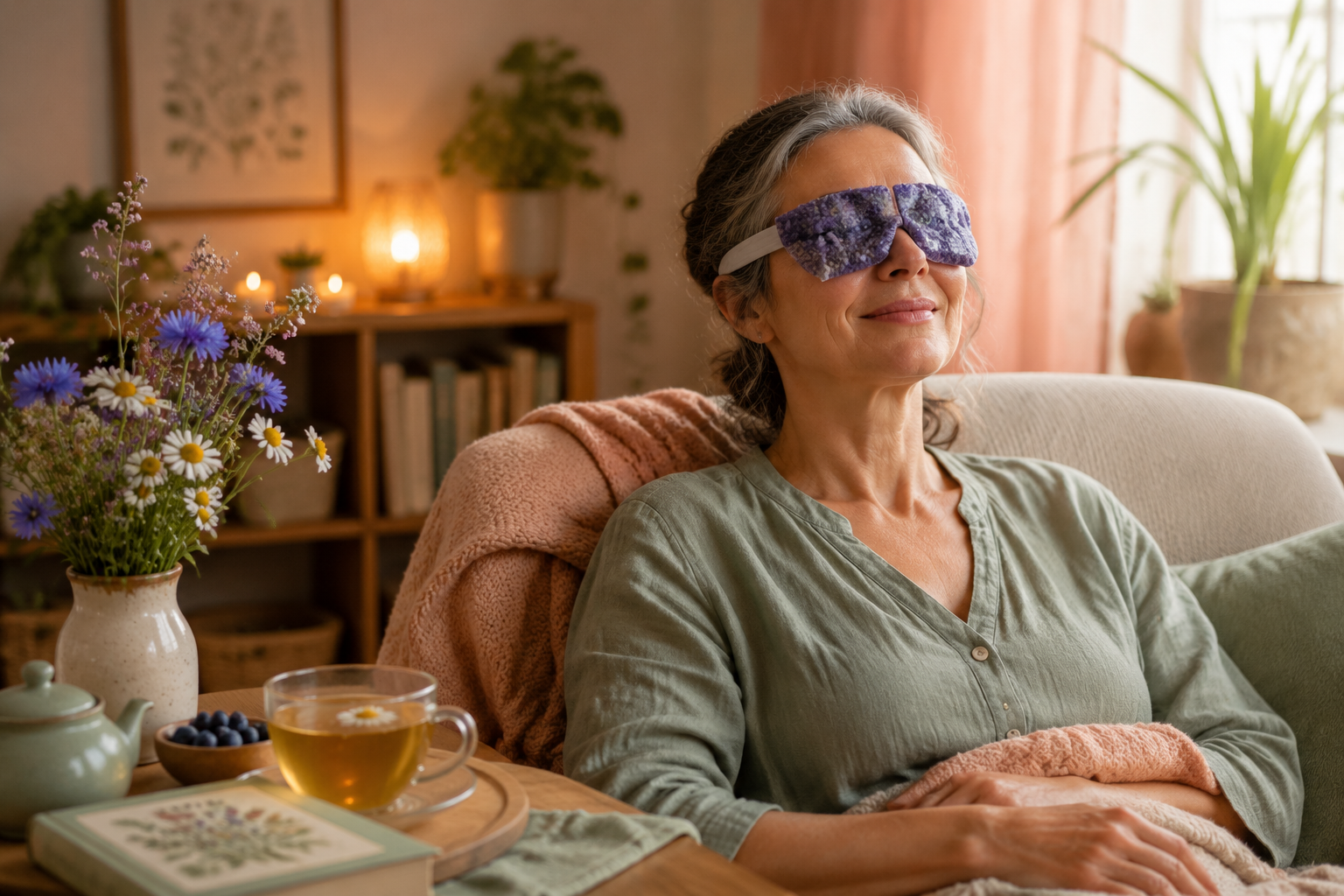 Une personne assise confortablement à la maison appliquant une compresse de bleuet tiède sur ses yeux, avec des plantes médicinales sur une table à côté.