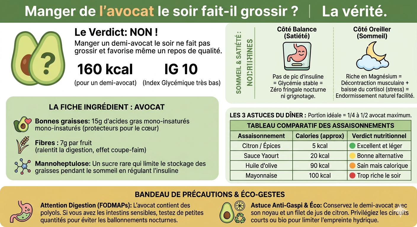 Manger de l'avocat le soir fait-il grossir ? Le visuel démontre qu'un demi-avocat (160 kcal, IG 10) favorise la satiété et un bon sommeil grâce à ses fibres, ses acides gras mono-insaturés et son magnésium. Comprend un tableau comparatif d'assaisonnements légers (citron, yaourt) face aux options caloriques (mayonnaise).