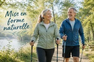 Un couple mature pratiquant la marche nordique dans un parc ensoleillé, souriant et détendu.