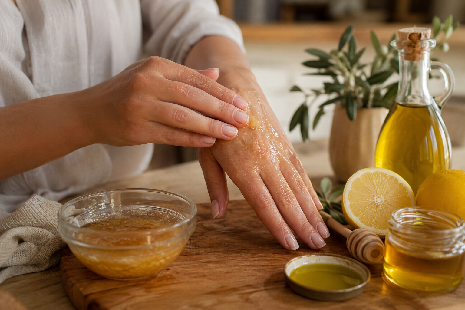 Un gros plan sur des mains appliquant un masque naturel, avec des ingrédients comme le miel et l'huile d'olive visibles à côté.