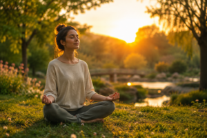 Une personne méditant paisiblement dans un parc au lever du soleil, entourée de verdure et respirant profondément.