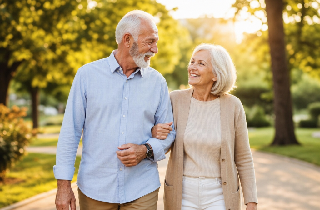 Un couple senior marchant dans un parc, souriant, montrant mobilité et confort.
