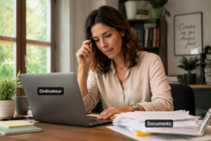 Une personne stressée en train de se concentrer, se mordant légèrement la langue, assise à un bureau avec un ordinateur portable, entourée de documents. Elle est dans une ambiance de bureau chaleureux avec une lumière naturelle douce, illustrant un moment de réflexion.