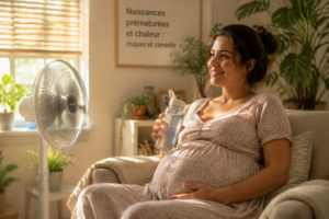 Une femme enceinte se relaxant sous un ventilateur, entourée d'une lumière douce.