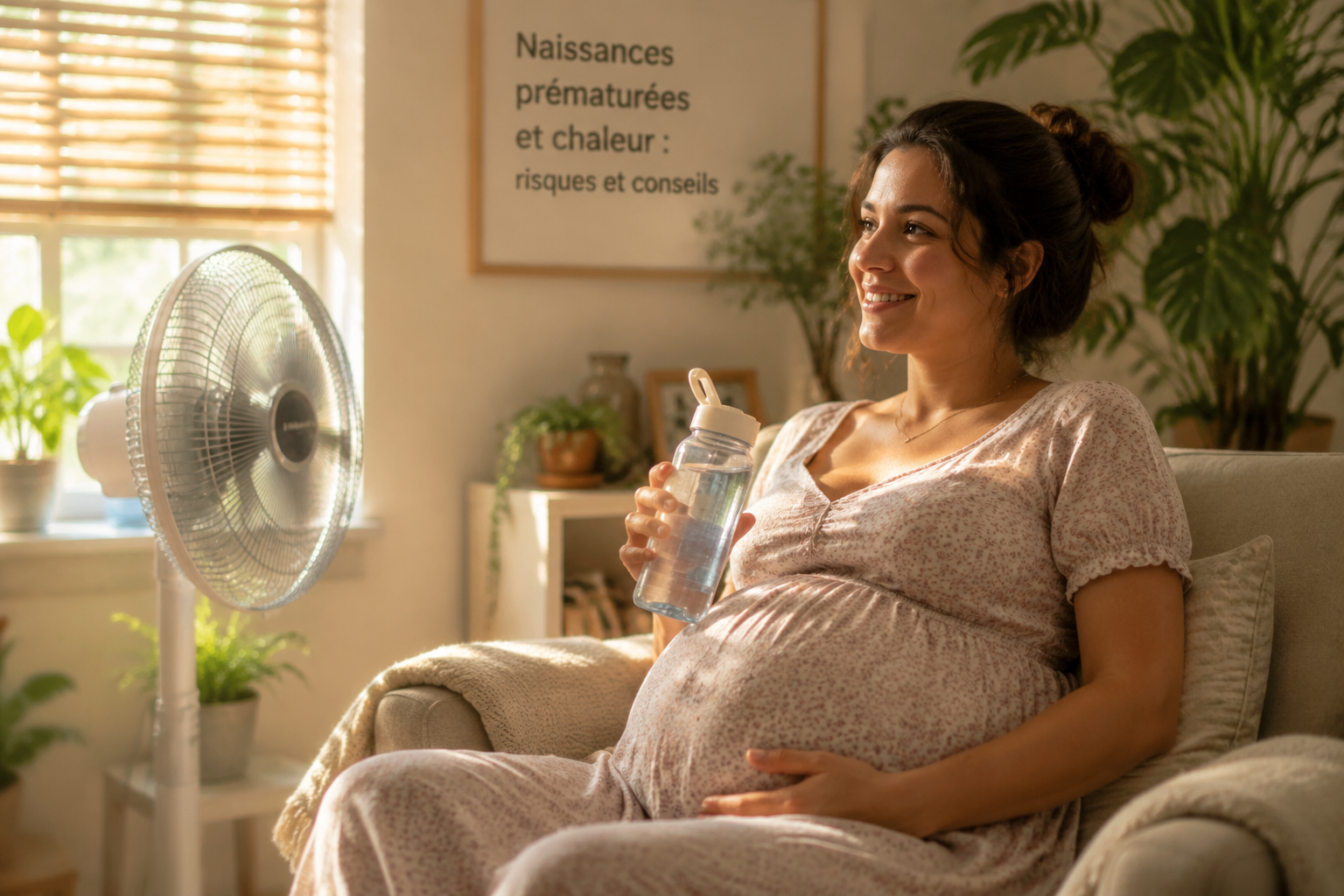 Une femme enceinte se relaxant sous un ventilateur, entourée d'une lumière douce.