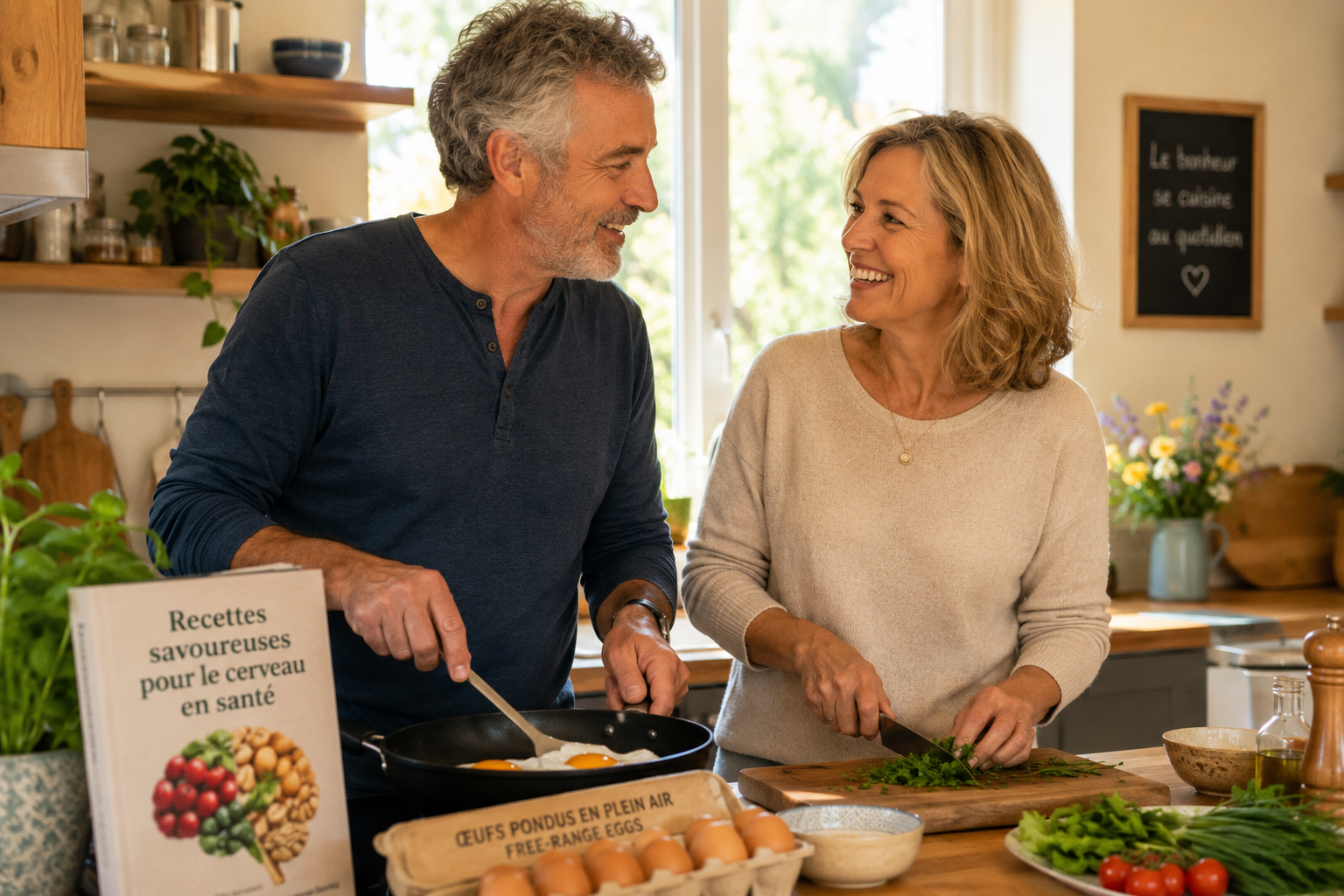 Un couple d'âge moyen dans une cuisine ensoleillée, préparant un petit-déjeuner avec des œufs tout en souriant.