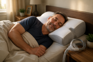 Un homme d'âge moyen dormant paisiblement avec un oreiller conçu pour l'apnée du sommeil, montrant un masque CPAP à côté, lumière douce du matin.