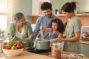 A family cooking together, happily preparing a meal with pasta.
