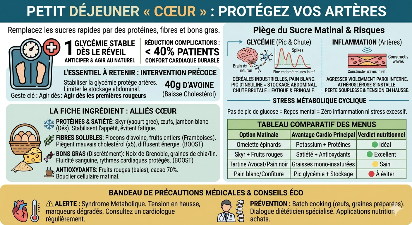 Infographie sur les bienfaits d'un petit déjeuner équilibré pour la santé cardiovasculaire. Elle compare les effets des sucres rapides (pics d'insuline) aux bénéfices des protéines, fibres et bons gras pour la protection des artères. Un tableau illustre les meilleurs choix de menus (omelette, skyr, tartine avocat) versus les options à éviter. Un bandeau rappelle l'importance du suivi médical pour la tension et les marqueurs métaboliques.