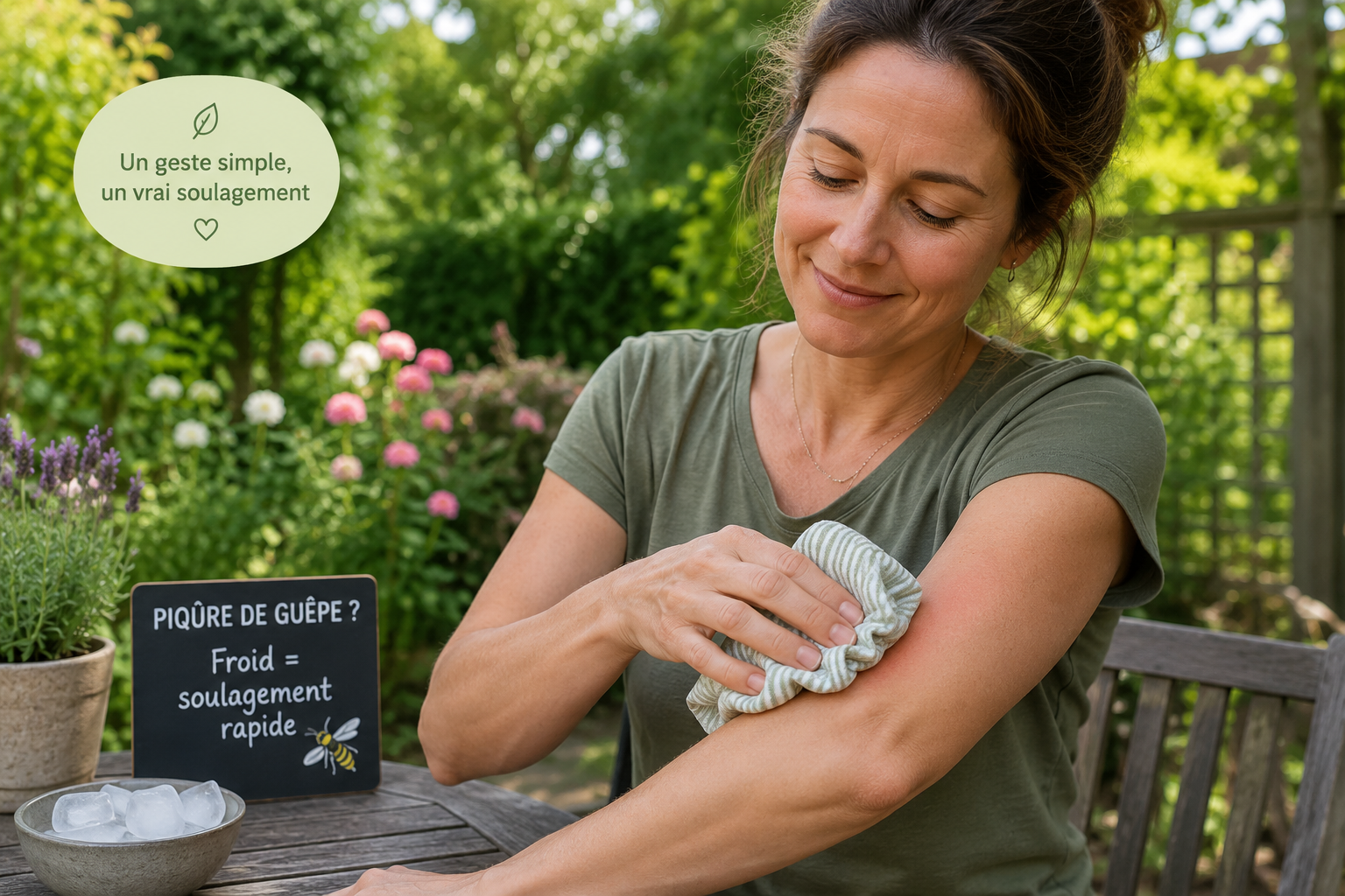 Un adulte avec un glaçon enveloppé dans un linge appliqué sur son bras, souriant dans un jardin, symbolisant le soulagement après une piqûre de guêpe.