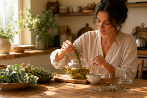Une personne préparant une tisane à base de plantes sur une table en bois, avec des herbes fraîches comme le thym et l'eucalyptus.