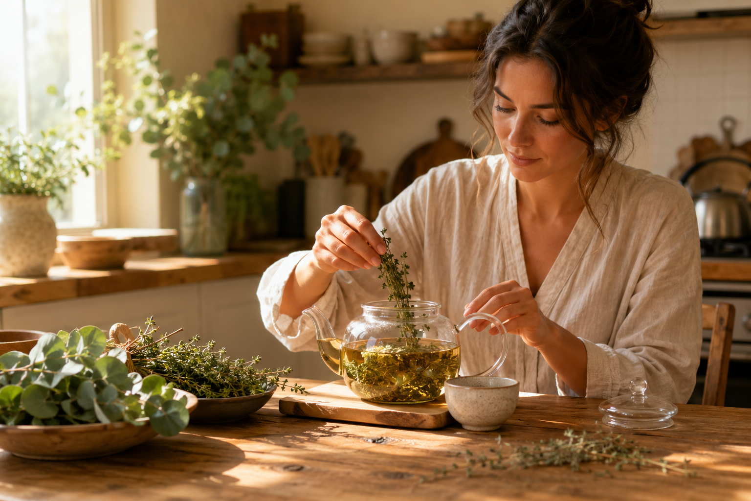 Une personne préparant une tisane à base de plantes sur une table en bois, avec des herbes fraîches comme le thym et l'eucalyptus.