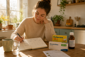 Image d'une personne organisant ses médicaments sur une table, avec une lumière douce filtrant à travers une fenêtre.