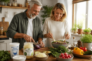 Un couple détendu en train de préparer un repas sain avec des aliments fermentés, illustrant l'équilibre digestif et le bien-être.