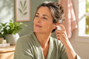 Une personne détendue utilisant un spray auriculaire près d'une fenêtre ensoleillée.