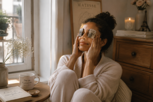 Une personne se relaxant avec des compresses de thé sur les yeux dans une ambiance chaleureuse et apaisante.