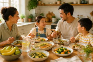 Scene of a diverse family enjoying a meal together at a sunny dining table, showcasing vibrant, reflux-friendly dishes.