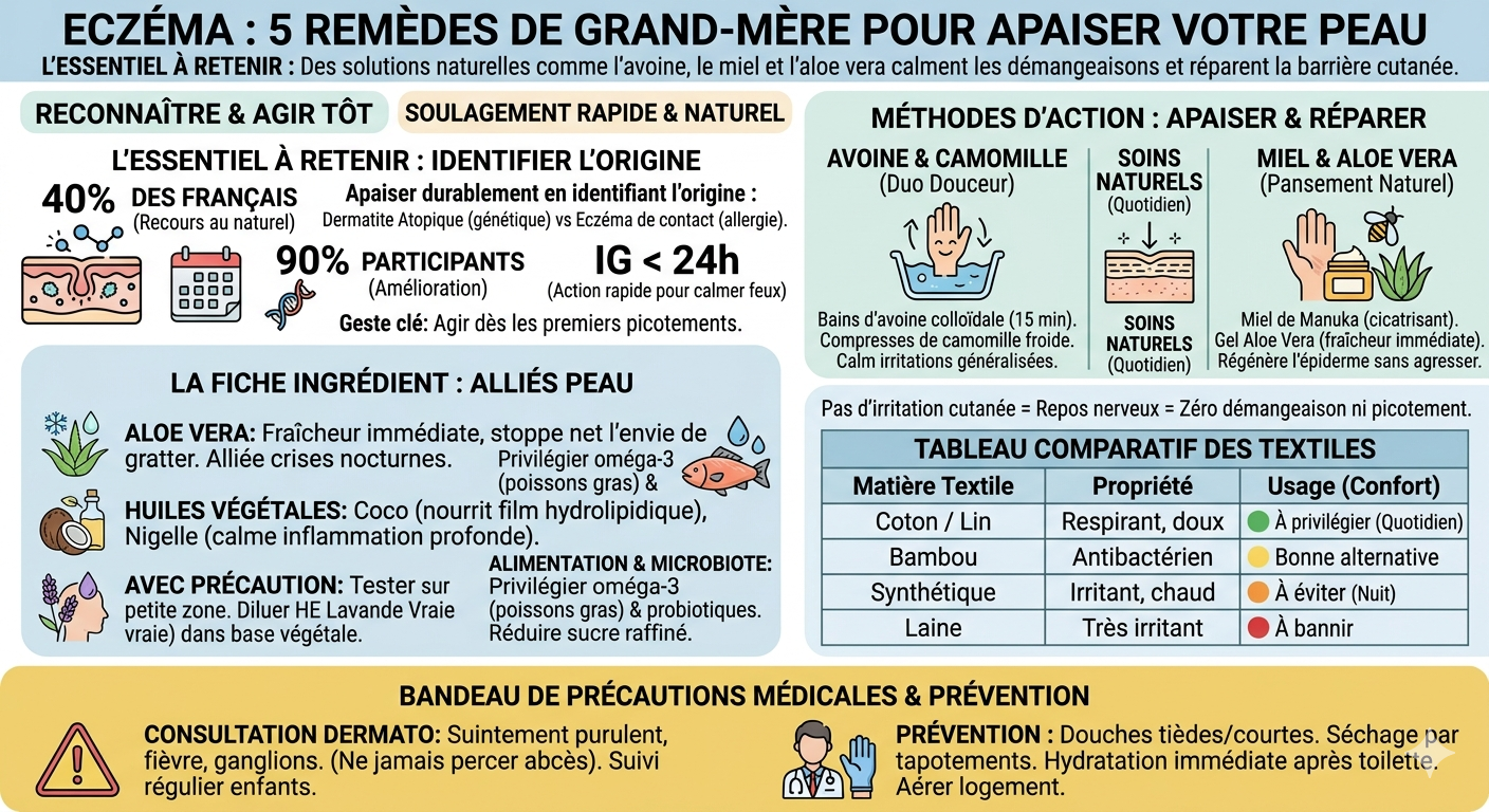 Infographie récapitulant 5 remèdes de grand-mère contre l'eczéma. Le visuel détaille l'utilisation de l'avoine colloïdale et camomille pour les bains, le miel de manuka et l'aloe vera pour cicatriser, ainsi que les huiles végétales apaisantes (coco, nigelle). Un tableau compare les textiles à privilégier (coton, lin) contre ceux à éviter (laine, synthétique). Un bandeau final donne des conseils de prévention (douches tièdes, hydratation immédiate) et rappelle l'importance de consulter un dermatologue en cas de suintement purulent ou de fièvre.
