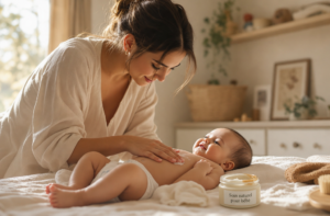 Un parent souriant appliquant délicatement un soin naturel sur les fesses de leur bébé, dans une lumière douce et chaleureuse.