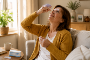 Une personne souriante dans son salon, utilisant du sérum physiologique pour rincer son œil, lumière naturelle douce.