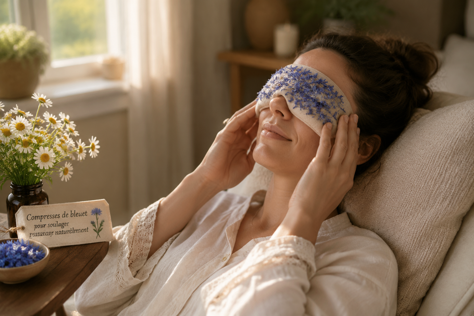 Une personne appliquant des compresses de bleuet sur ses yeux, dans un environnement lumineux et serein.