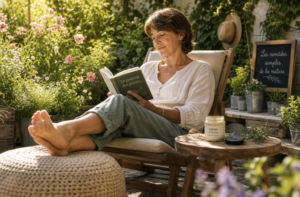 Une personne assise dans un jardin surélevant ses jambes avec un coussin, entourée de plantes vertes et de fleurs, lisant calmement.