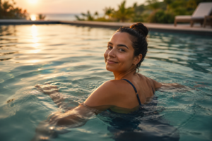 Une femme nageant sereinement, entourée d'une lumière douce, avec un sourire confiant dans une piscine.