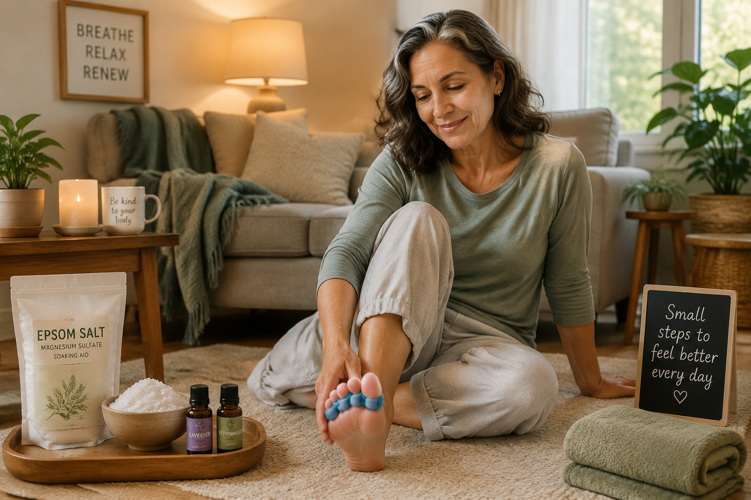 Un adulte assis confortablement chez eux, utilisant un séparateur d'orteils et faisant des exercices de pied, entouré d'accessoires de soins naturels.