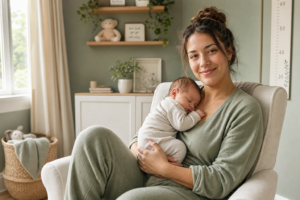 Une maman souriante allaite son bébé dans une ambiance chaleureuse et apaisante.