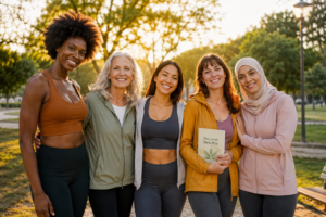 Une scène montrant des femmes de différentes origines et tailles debout côte à côte dans un parc, souriantes, représentant la diversité mondiale.