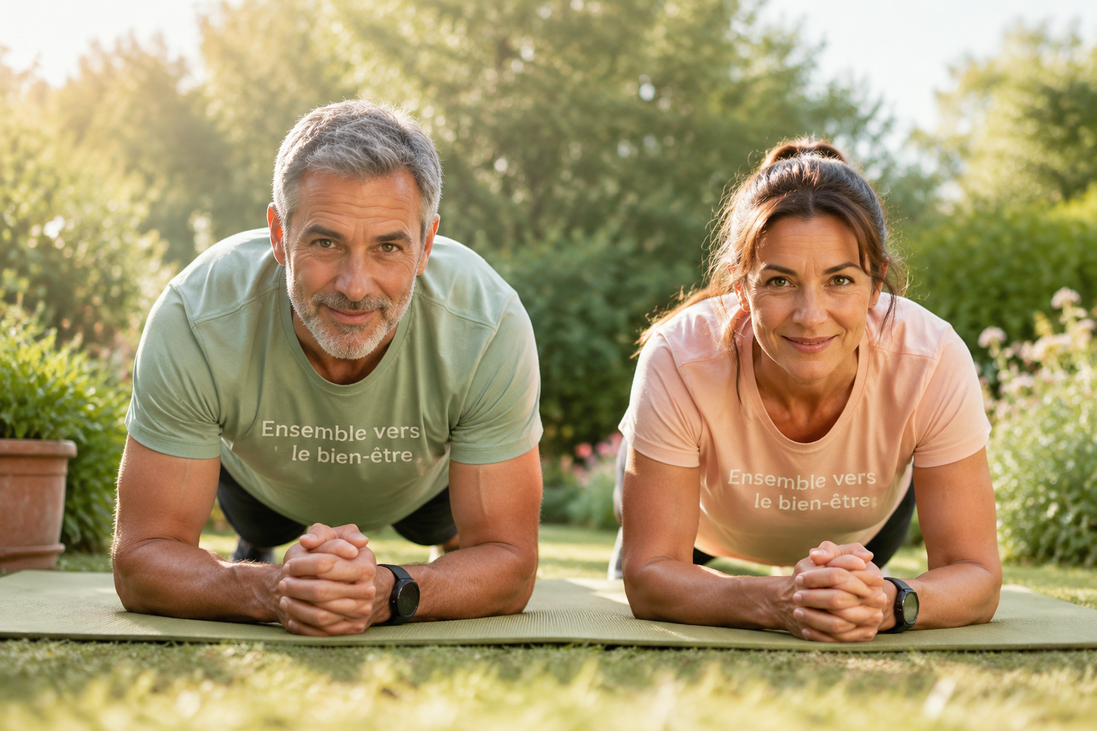 Un couple de personnes d'âge moyen faisant des exercices de gainage dans un jardin.