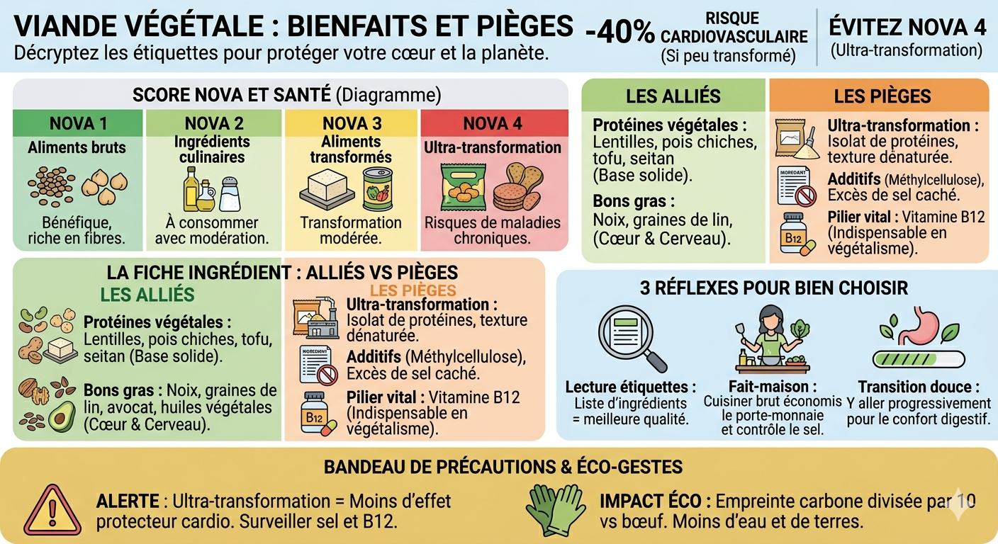Infographie comparative sur les substituts végétaux à la viande, détaillant les bénéfices (réduction des risques cardio) et les pièges de l'ultra-transformation (additifs, sel). Elle présente le score NOVA, les ingrédients alliés vs les pièges, et les réflexes pour bien choisir ses produits.