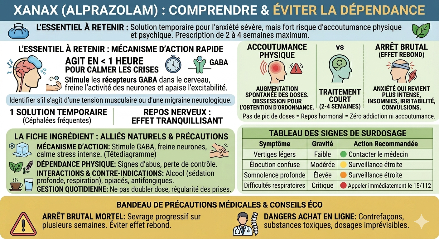 Infographie pédagogique sur le Xanax (Alprazolam) et la prévention de l'accoutumance. Elle présente le fonctionnement biologique de la molécule (renforcement du neurotransmetteur GABA pour calmer le stress) et détaille les 4 signes de vigilance (augmentation spontanée des doses, obsession pour l'ordonnance, consommation malgré les effets secondaires, sentiment de panique). Un tableau des niveaux de vigilance pour le surdosage est inclus (vertiges, somnolence, difficultés respiratoires, inconscience). Un bandeau de précautions au bas rappelle qu'il ne faut jamais boire d'alcool avec le traitement et qu'un sevrage progressif encadré par un médecin est obligatoire pour éviter l'effet rebond.